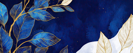 This image features detailed illustrations of leaves in shades of blue and gold. The leaves are set against a deep blue watercolor background with white accents. The composition employs a delicate artistic style. The image could be used for various design projects, including wall art and decorative elements.の素材