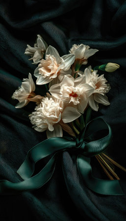 A close-up captures a delicate bouquet of white flowers tied with a green ribbon against a deep, dark backdrop. The composition highlights the soft textures of the petals and the flowing ribbon. Ideal for commercial applications, the image could be used for illustrating various themes, from celebrations to decorative purposes.の素材