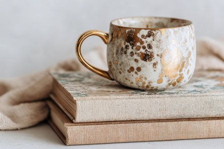 A close-up captures a decorative coffee cup set atop two books. The cup features a gold handle and a mottled, cream and gold finish. The composition is lit with soft lighting, highlighting textures. This image is suitable for use in publications, websites, or promotional material relating to lifestyle or design.の素材