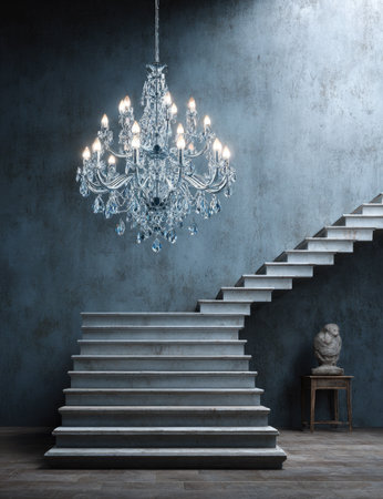 A grand staircase ascends, illuminated by a sparkling chandelier in this interior composition. The cool color palette features muted blues and grays, creating a sophisticated atmosphere. The image showcases architectural details and a sense of depth, with soft lighting enhancing textures. Ideal for use in design, decor, or conceptual projects.の素材