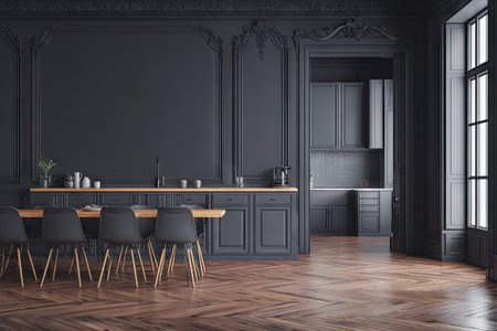 A stylish, dark-toned interior showcases kitchen elements, chairs, and a wooden table. The space features a wooden floor, large windows, and decorative wall panels. The scene is illuminated by natural light, creating a balanced composition. Suitable for use in architecture, interior design, and lifestyle projects.の素材