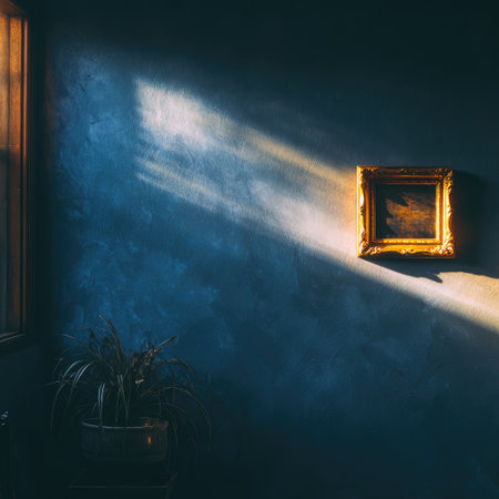 A dimly lit interior scene showcases a framed artwork illuminated by streaks of sunlight. The dark blue wall provides a backdrop for the golden framed painting. The composition suggests an indoor environment. Suitable for editorial use, the image is available for various creative projects.の素材