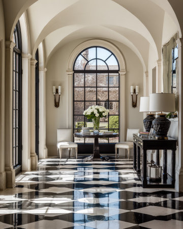 An interior shot reveals an elegant entryway with a high, arched ceiling and black and white checkered floor. Natural light streams through a large window, illuminating a table with a flower arrangement. The scene features a symmetrical composition, with a classic architectural style, offering potential use for architectural, decor, or lifestyle related projects.の素材