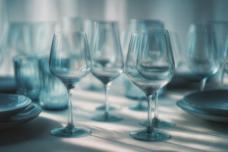 This image presents a collection of stemware, featuring various types of wine glasses and plates. The composition utilizes soft lighting and a shallow depth of field, creating a delicate, almost ethereal atmosphere. The overall aesthetic is minimalist, and the arrangement is suitable for use in promotional materials or editorial content.の素材
