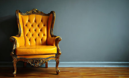 An ornate golden armchair dominates the frame, set against a plain gray wall and a wooden floor. The chair features detailed carvings, button-tufted upholstery, and warm yellow hues. The composition suggests an indoor setting with diffused lighting, suitable for various editorial and commercial applications. The image offers copy space for creative use.の素材