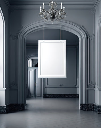 An interior shot features a classical architectural hallway with arched doorways and a hanging white canvas. The composition utilizes a monochromatic palette, suggesting a sense of calm and formality. The lighting appears soft and indirect, with potential use in display advertising or as a background for design.の素材
