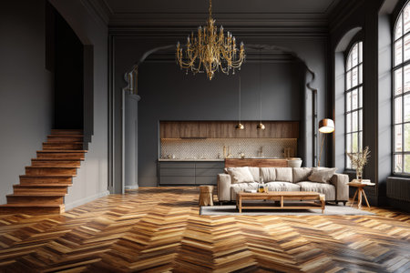 An interior shot reveals a luxurious living space. The scene features a prominent chandelier, an expansive wooden floor, and a comfortable sofa. The composition is bathed in natural light, enhancing the textures of the materials. This image may be suitable for use in design publications or advertising materials.の素材