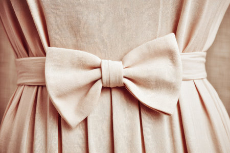 A close-up view presents a light pink dress, highlighted by a bow at the waist. The image showcases the dress's fabric, texture, and elegant design. The lighting is soft, enhancing the delicate quality. This image could be utilized for fashion promotions, fabric advertisements, or related editorial purposes.の素材