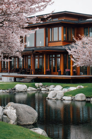 A stylish wooden house with large windows sits near a reflective pond. Pink cherry blossoms frame the architecture, creating a peaceful scene. The composition utilizes natural lighting and features a lush green lawn. Suitable for use in design, real estate, or lifestyle publications.の素材