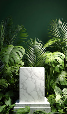A marble pedestal stands prominently amidst vibrant green tropical leaves. The composition showcases detailed textures and a dramatic overhead lighting effect against a rich, dark green backdrop. This image is suitable for promotional materials, product presentations, or creative editorial applications.の素材