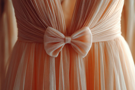 This image showcases a close-up of a peach-colored dress featuring a bow detail. The flowing fabric creates a soft texture, enhanced by studio lighting. The composition highlights the dress's design and color, ideal for fashion, style, or beauty projects. This image is suitable for various commercial or editorial uses.の素材