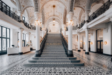 An interior shot reveals a grand staircase as the focal point within a spacious hall. The architecture displays ornate details with arched ceilings and supporting columns. The scene is illuminated with a soft, natural light, highlighting the textures of the walls and flooring. This image could be used for architectural, design, or commercial purposes.の素材