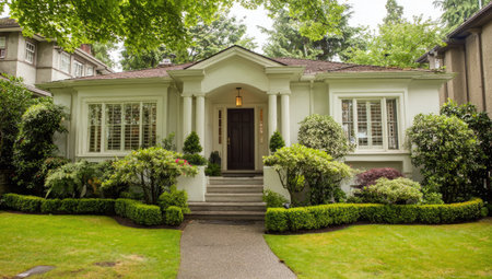 A well-maintained white house with a dark wooden door stands prominently against a backdrop of green foliage. The scene showcases a pathway leading to the entrance, flanked by meticulously trimmed bushes and a vibrant green lawn. The composition is balanced and suggests a bright, sunny environment, suitable for various editorial and commercial applications.の素材