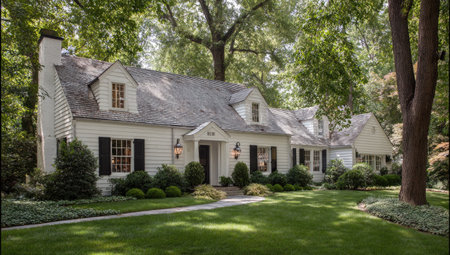 A classic white house is presented, featuring a manicured green lawn and mature trees, creating a serene environment. The composition highlights the house's architecture, complemented by the natural light and surroundings. This image could be used in real estate or lifestyle publications, or for promoting residential services.の素材