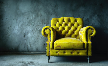 A vibrant yellow armchair dominates the frame against a mottled, gray backdrop. The quilted texture and curved arms suggest a vintage style. The composition, lit with soft lighting, creates a classic aesthetic suitable for commercial and editorial purposes. The scene evokes comfort and luxury.の素材