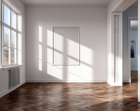 An interior shot features an empty room with sunlight streaming through a large window. The space includes a wooden floor and a wall with a picture frame template. The composition has a clean style, with bright light creating long shadows. This image is suitable for various commercial uses, including advertising and website design.の素材