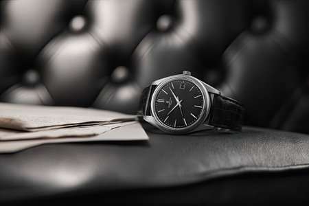 A close-up photograph showcases a stylish wristwatch with a black leather strap. The watch rests on a dark, textured surface, possibly leather or a similar material. The composition features a shallow depth of field, with soft lighting enhancing the details of the watch. This image is suitable for various commercial uses.の素材