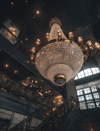 An ornate chandelier hangs from a dark ceiling, casting light into the space. The composition includes wooden stairs and windows. The lighting creates a luxurious atmosphere suitable for various visual projects. This image could be used for editorial and commercial purposes.の素材