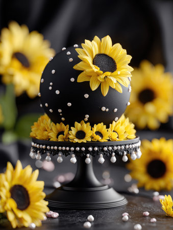 A striking composition presents a black decorative orb adorned with yellow sunflowers, set atop a black pedestal. Additional sunflowers and dark tones surround the central piece. The image features a shallow depth of field, ideal for various commercial and artistic applications.の素材