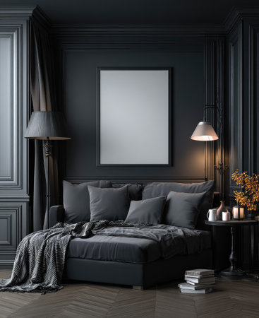 This image showcases an interior scene featuring a modern couch and decorative elements. The composition is marked by a dark color palette, with the furniture and walls in shades of gray. The lighting highlights the textures and shapes within the space. Suitable for various applications, including design or lifestyle content.の素材
