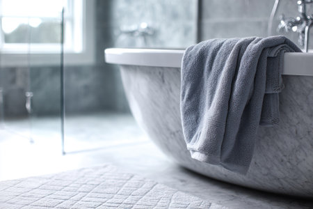 A close-up view presents a luxurious marble bathtub, draped with a soft, gray towel. The scene features a clean, bright aesthetic, bathed in natural light, suggesting an indoor environment. This image could be suitable for lifestyle, home decor, or wellness-themed projects in a commercial context.の素材