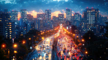 An evening cityscape depicts tall buildings with numerous lit windows. A highway filled with vehicles curves through the foreground. The sky transitions from orange to blue, suggesting dusk. This image could be used for editorial content about urban development or transportation. Commercial applications are also possible.の素材