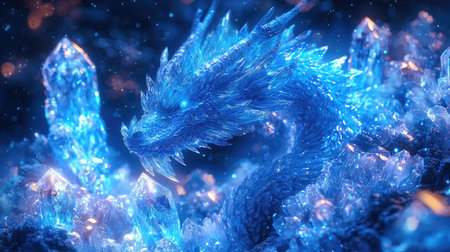 An ice dragon is the central figure, its form comprised of radiant, glowing crystals. The composition showcases the dragon amidst a celestial backdrop. The artwork showcases a dynamic lighting scheme, rendering a sense of magic and fantasy. This image can serve various applications from illustrations to fantasy themed content.の素材