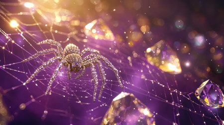 An artistic depiction presents a spider gracefully positioned on a web, interwoven with luminous gems. The composition emphasizes vibrant colors and intricate details. The setting appears ethereal, possibly suggesting a fantasy environment. This image is suitable for various commercial uses, including advertising and decorative designs.の素材