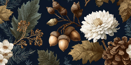 This seamless pattern features a detailed composition of flowers, leaves, acorns, and pinecones. The artwork employs rich colors with a vintage style, creating a textured look. This design could be suitable for various applications, offering a decorative element. It could be useful for textiles or stationery.の素材