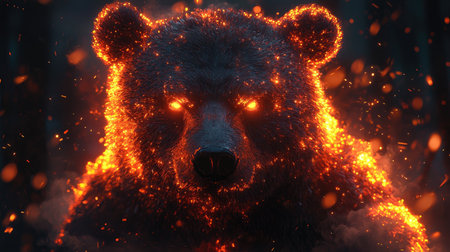A striking depiction features a bear engulfed in flames, its fur appearing as burning embers. The composition showcases the creature's head and upper body, with glowing eyes highlighting the face. The overall aesthetic suggests a dark, possibly fantasy setting. This image is suitable for various commercial uses, including illustrations and conceptual designs.の素材