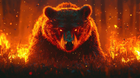 An illustration depicts a large bear engulfed in flames with glowing red eyes. The image uses warm, vibrant colors, emphasizing fire and shadow. The bear's fur appears textured, suggesting a stylized artistic approach. This digital artwork could be suitable for fantasy art, book covers, or conceptual designs.の素材