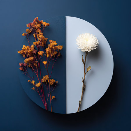 This image features a floral arrangement composed of dried and fresh flowers. The composition showcases a contrast of textures and colors, with warm and cool tones. It is set against a simple blue background with clean lines and balanced lighting. Suitable for use in various commercial and editorial projects.の素材