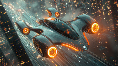 A sleek, stylized aircraft is depicted in flight above a modern city with illuminated buildings. The image showcases a digital art style with dynamic composition, vibrant orange and cool metallic tones. The scene suggests a blend of technology and urban environments, appropriate for various commercial applications.の素材