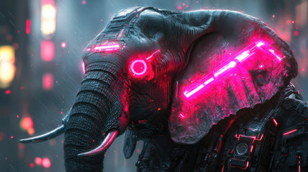 An image showcases a robotic elephant with vibrant neon lights illuminating its metallic structure. The artwork features a cyberpunk aesthetic, with glowing details enhancing its design. The composition suggests an urban environment, possibly at night. This image has potential applications in creative projects and digital media.の素材