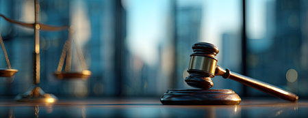 A close-up captures a gavel resting on its wooden base beside a balance scale. The warm tones of the gavel and scale are contrasted by a blurred background of city skyscrapers. This image could be used for illustrating themes related to law, legal proceedings, justice, or government. The composition presents an indoor setting with natural lighting.の素材