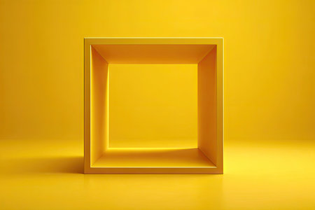 A single yellow cube, centrally positioned, against a solid yellow backdrop, creates a minimalist visual. The image highlights a simple geometric form with even lighting and a smooth texture. The composition offers space for design and could be suitable for various advertising or illustrative applications, emphasizing a clean and modern aesthetic.の素材
