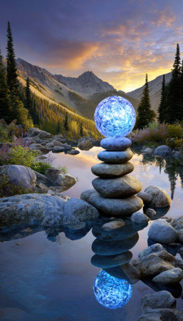 A radiant blue orb rests atop a tower of balanced stones, reflecting in a serene body of water. The composition is set against a backdrop of mountains and a dusk sky with subtle sunlight, creating a tranquil atmosphere. Suitable for conceptual illustrations, spiritual themes, and designs related to balance.の素材