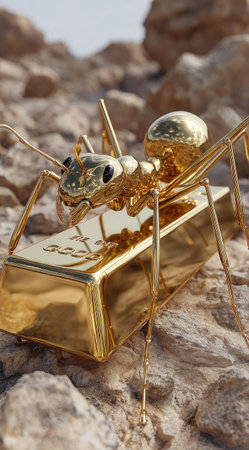 A close-up view presents a gold-colored ant meticulously carrying a golden bar. The image showcases the object's metallic texture against a blurred natural setting. Overhead lighting illuminates the scene, hinting at a potential outdoor context. Suitable for commercial projects focusing on wealth, labor, or economic concepts.の素材
