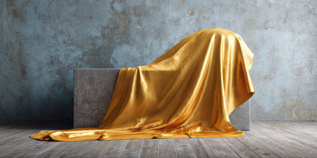 A golden, draped fabric covers an object on a concrete stand, set against a textured gray background. The scene suggests an indoor studio, with lighting highlighting the drape's folds. Suitable for illustrating mystery, unveiling, or showcasing products, this image lends itself to editorial and commercial applications.の素材