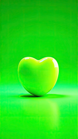 A vibrant green heart stands centered against a matching green background, reflecting soft light. The image features a smooth texture and a shallow depth of field, highlighting the heart's form. This composition suggests a clean and modern aesthetic suitable for various design projects and editorial content.の素材