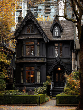 An aged, black house with intricate Gothic Revival architecture is displayed. The building presents complex window designs and a steeply pitched roof. The exterior is framed by trees, bushes, and a pathway, creating an autumn aesthetic with warm tones and inviting lighting suitable for various commercial purposes.の素材