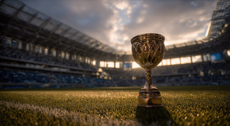 A golden trophy stands prominently on a stadium field, capturing attention. The image showcases a cloudy sky, suggesting a day setting. Visual elements include detailed textures, warm lighting, and a shallow depth of field. Suitable for illustrating achievement, competition, and success-themed concepts, it has commercial and editorial applications.の素材