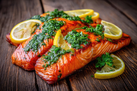Close-up of grilled salmon fillets garnished with lemon slices and fresh herbs, displayed on a wooden surface. The vibrant orange salmon contrasts with green herbs and yellow lemon, suggesting a culinary presentation. The image showcases natural textures with overhead lighting, suitable for food-related projects and editorial content.の素材