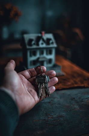 A hand presents a set of keys, with a miniature house in the blurred background. The image has a moody, low-key aesthetic, featuring muted colors and soft textures. The composition focuses on the hand and keys, implying concepts like property acquisition or relocation. Suitable for various commercial and editorial projects.の素材
