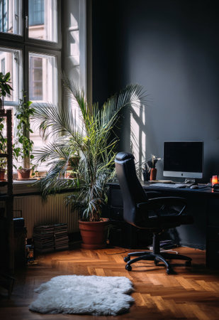 An interior scene features a home office setting with a desk, chair, and large window. A vibrant palm plant sits near the window. Natural light illuminates the room and highlights the wooden floor. This versatile image could be used for various projects related to home decor or lifestyle.の素材