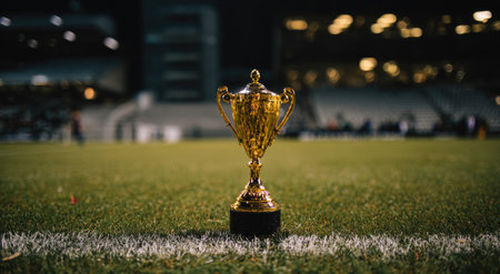 A golden trophy stands on a green field, likely a stadium. The image displays a shallow depth of field, with the trophy in focus. Soft stadium lights illuminate the scene at night. This image is suitable for various commercial uses, including representing achievement, competition, and success.の素材