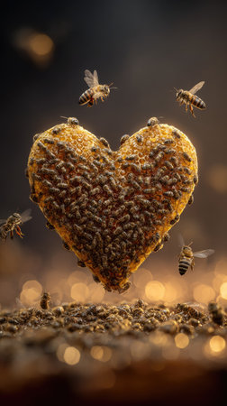 A heart-shaped honeycomb densely covered with bees is the central focus. Several bees are in flight around the heart. The composition features a shallow depth of field, warm color palette, and soft lighting. This image could be used for designs related to nature or commercial projects.の素材