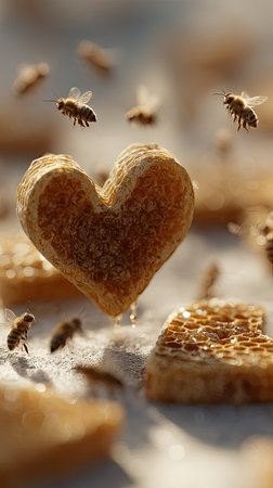 An artistic composition features a heart-shaped honey piece surrounded by flying bees and other honeycombs. The image showcases warm, golden hues and blurred details, suggesting a shallow depth of field. This conceptual shot may be used for various projects, including advertising or editorial content related to food or nature.の素材