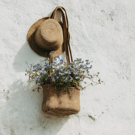 A woven hat and bag filled with small blue flowers hang against a textured white wall. The scene is lit by natural light, creating soft shadows. This image could be suitable for various uses, including editorial and commercial projects that require a natural aesthetic.の素材