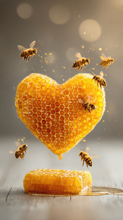 A heart-shaped honeycomb is the central subject, resting on a smaller piece of honeycomb. Several bees are in flight around the heart. The image has a warm, golden color palette with soft lighting, suggesting natural sunlight. Suitable for illustrating concepts of love, nature, and the environment. Ideal for various commercial uses.の素材